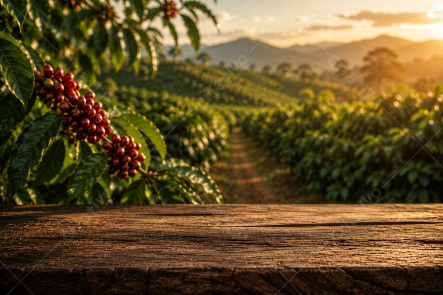 Foto Planta Café Grãos Maduros Mesa Madeira Fazenda Pôr do Sol