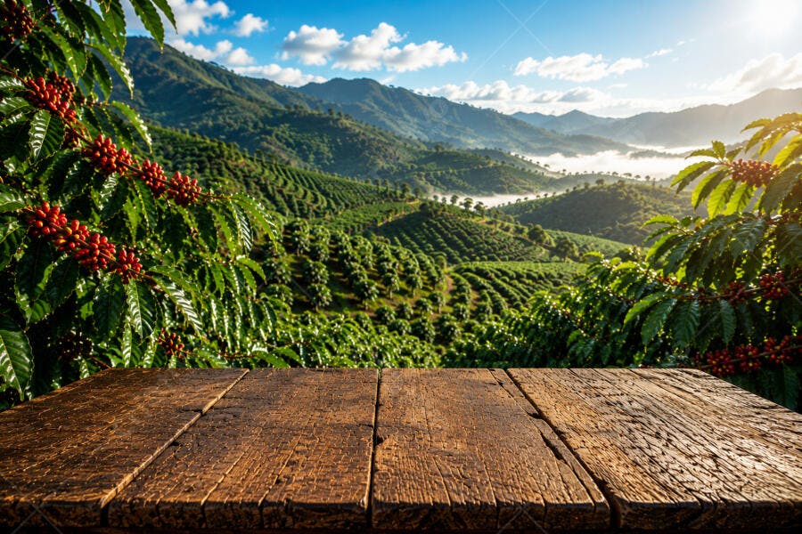 Foto Plantação Café Montanhas Mesa Madeira Vazia Manhã