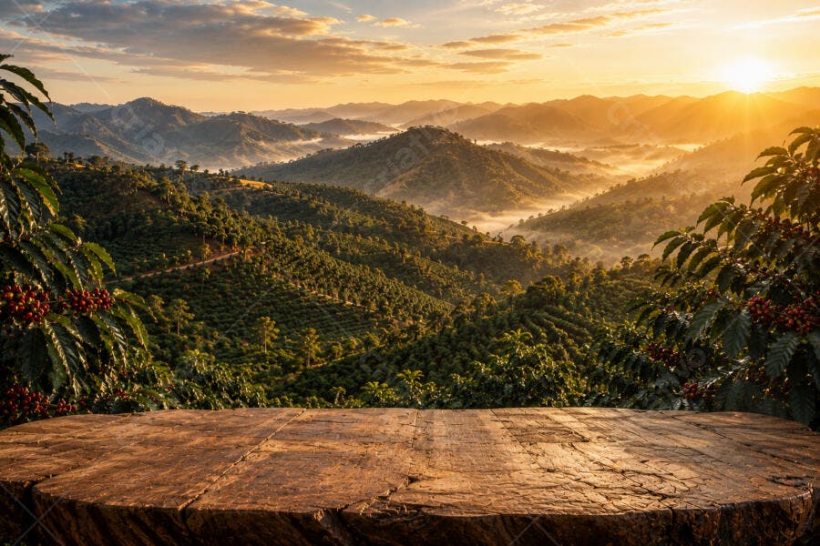 Foto Plantação Café Montanhas Nascer do Sol Mesa Madeira