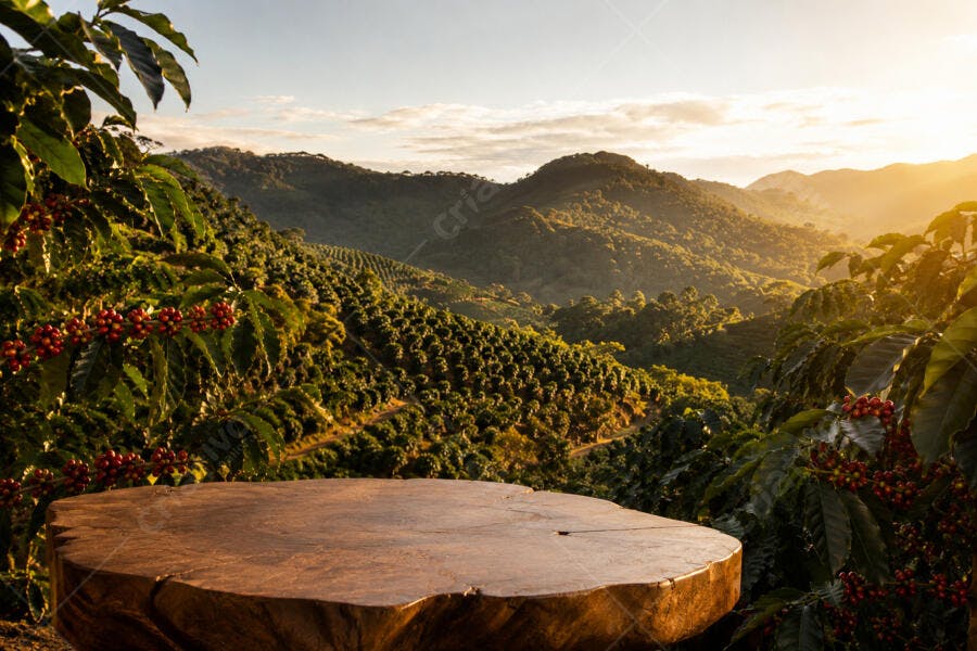 Foto Plantação Café Montanhas Pôr do Sol com Mesa de Madeira