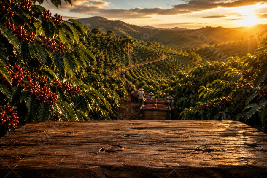Foto Plantação de Café Colheita ao Pôr do Sol com Mesa de Madeira
