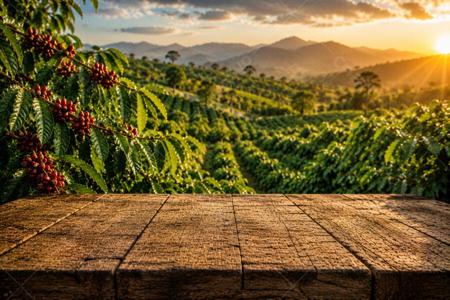 Foto Plantação de Café com Grãos Vermelhos e Mesa de Madeira