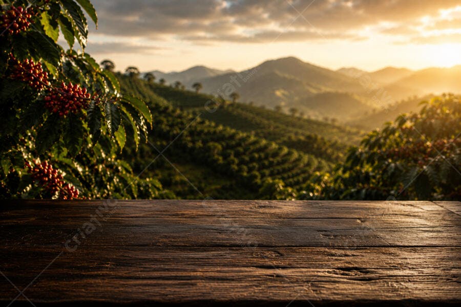 Foto Plantação de Café Mesa de Madeira Pôr do Sol Montanhas