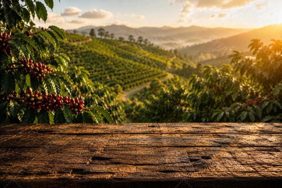 Foto Plantação de Café Mesa Madeira Pôr do Sol Montanhas
