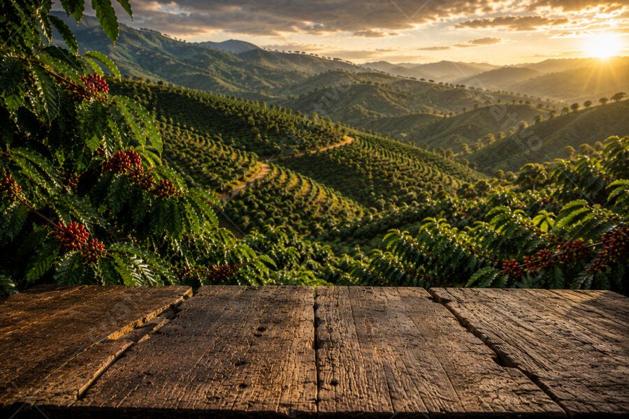 Foto Plantação de Café Montanhas Pôr do Sol Mesa Madeira