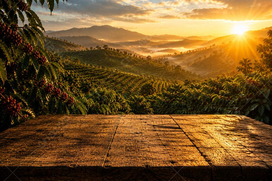 Foto Plantio Café Amanhecer Montanhas Mesa Madeira Vazia