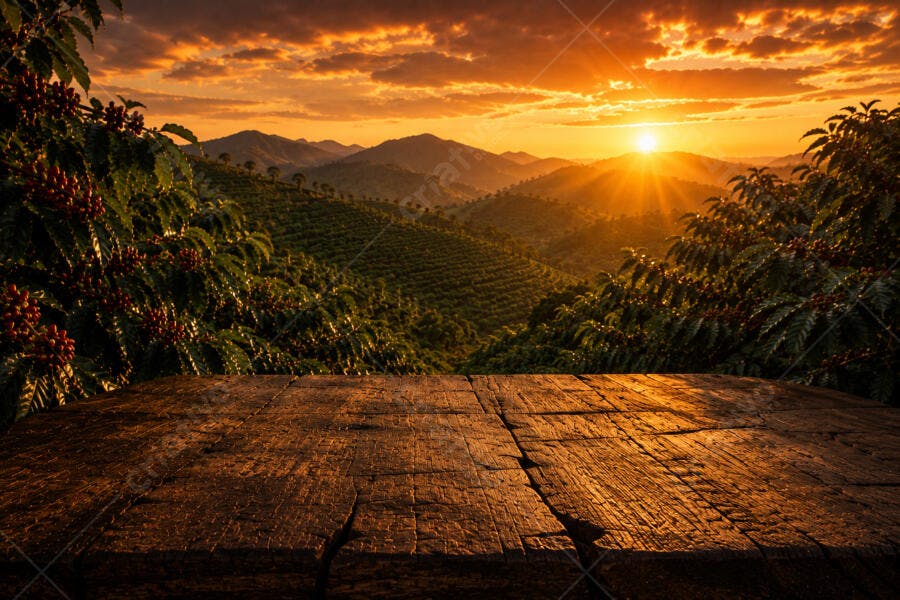 Foto Plantio Café Mesa Madeira Pôr do Sol Montanhas