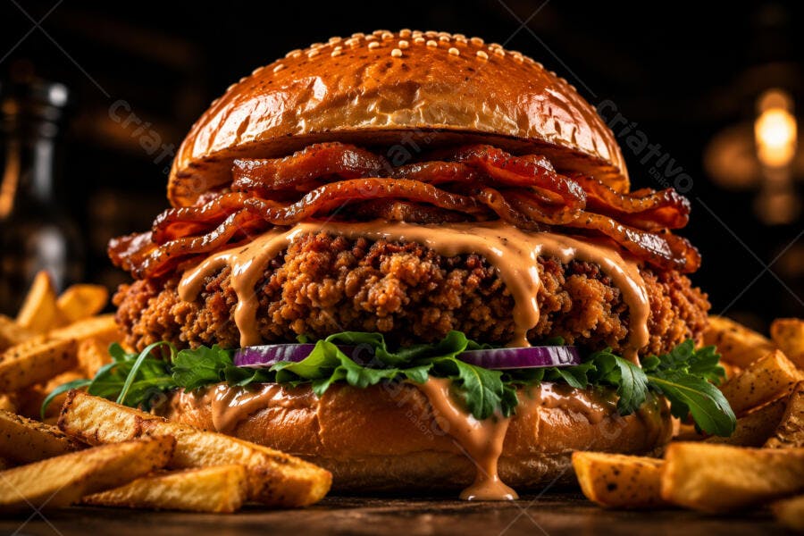 Foto Produto Hambúrguer Crocante Bacon Batata Frita Fundo Escuro