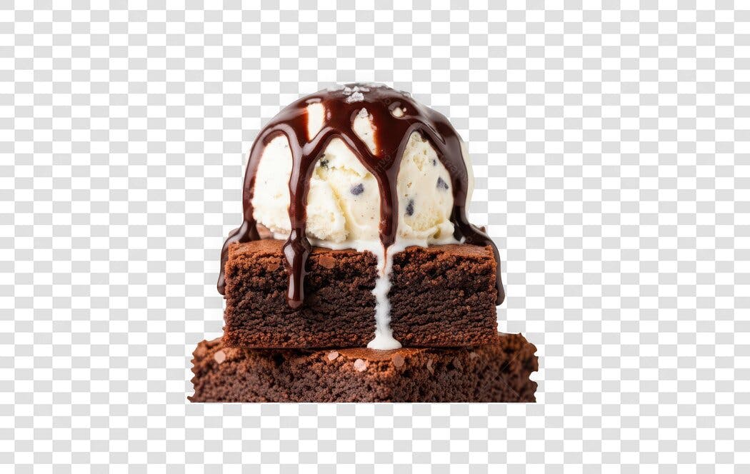 Foto Recortada Brownie com Sorvete e Calda Chocolate PNG Fundo Transparente