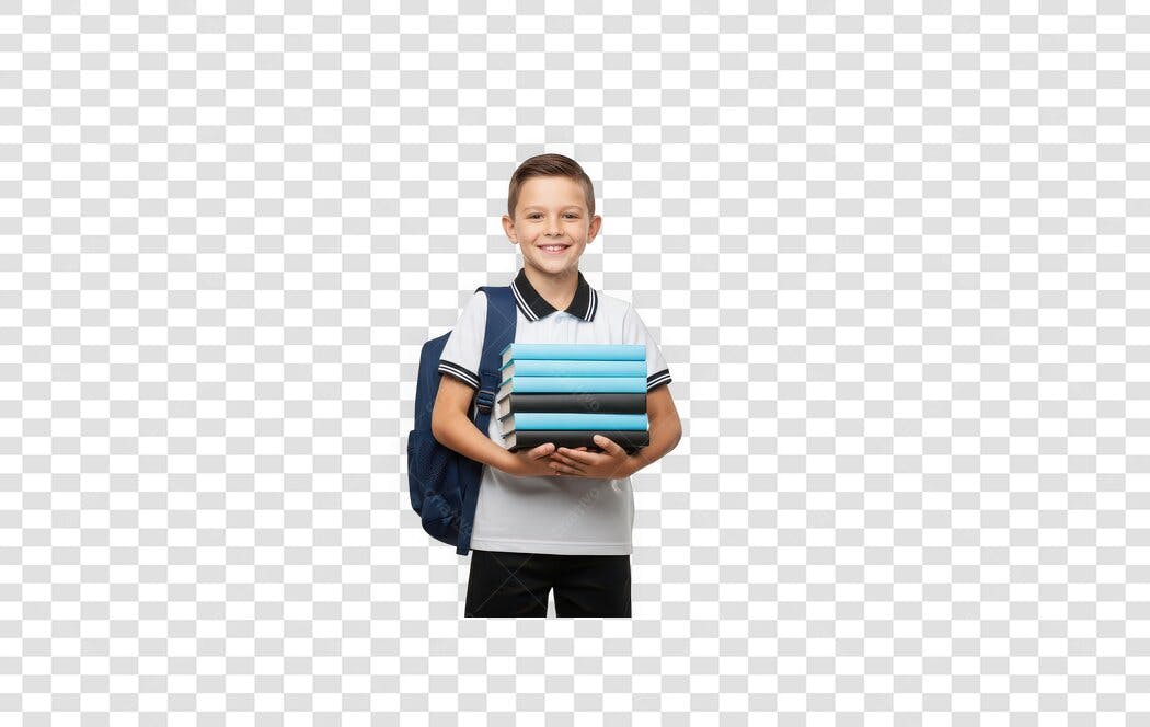 Foto Recortada Menino Estudante Livros Azuis PNG Fundo Transparente