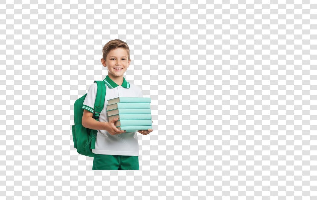 Foto Recortada Menino Estudante Livros Mochila Verde PNG Fundo Transparente