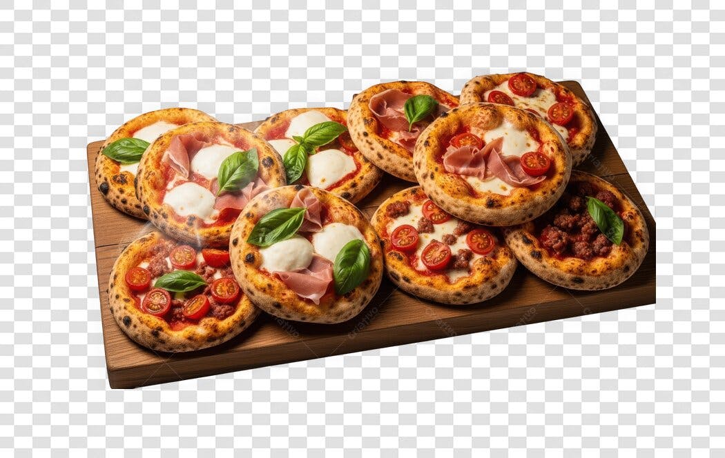 Foto Recortada Mini Pizzas Variadas Tábua Madeira PNG Fundo Transparente