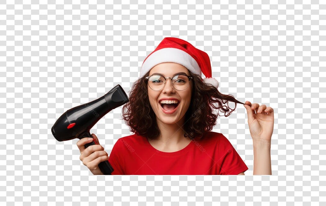 Foto Recortada Mulher Chapéu Papai Noel Secador Natal Dezembro PNG Fundo Transparente