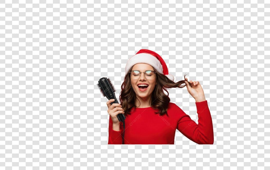 Foto Recortada Mulher Natal Cantando Escova Cabelo PNG Fundo Transparente