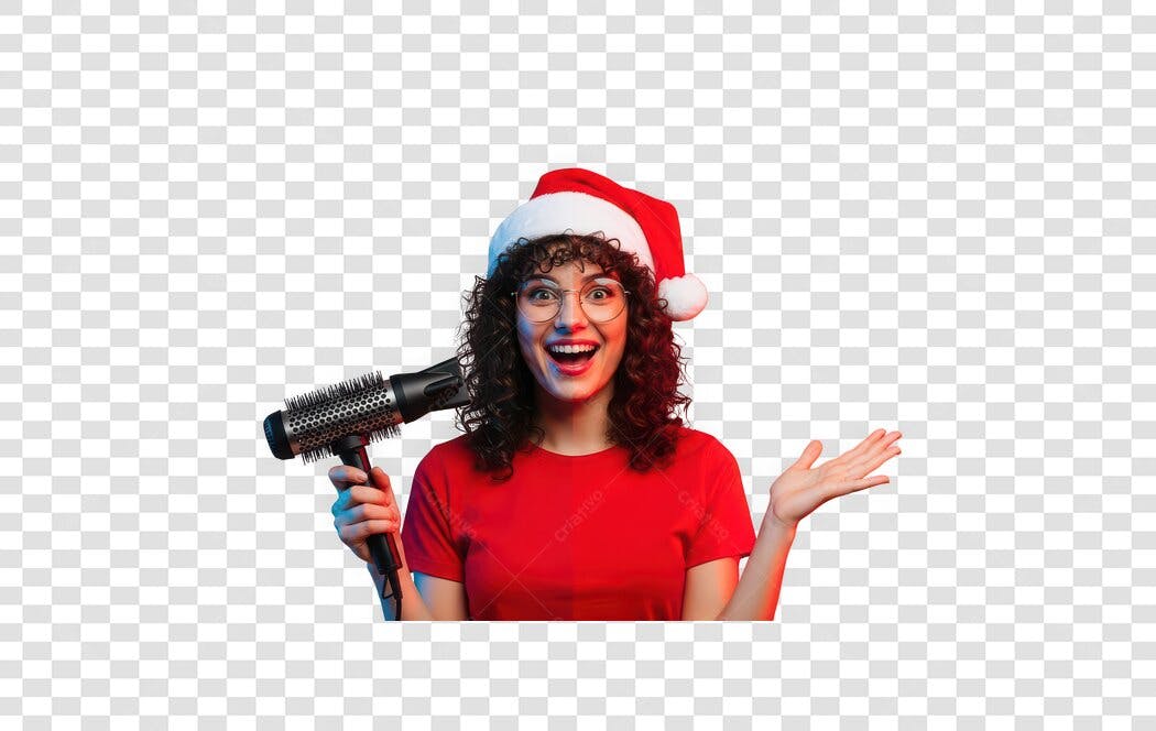 Foto Recortada Mulher Natal Chapéu Papai Noel Secador PNG Fundo Transparente