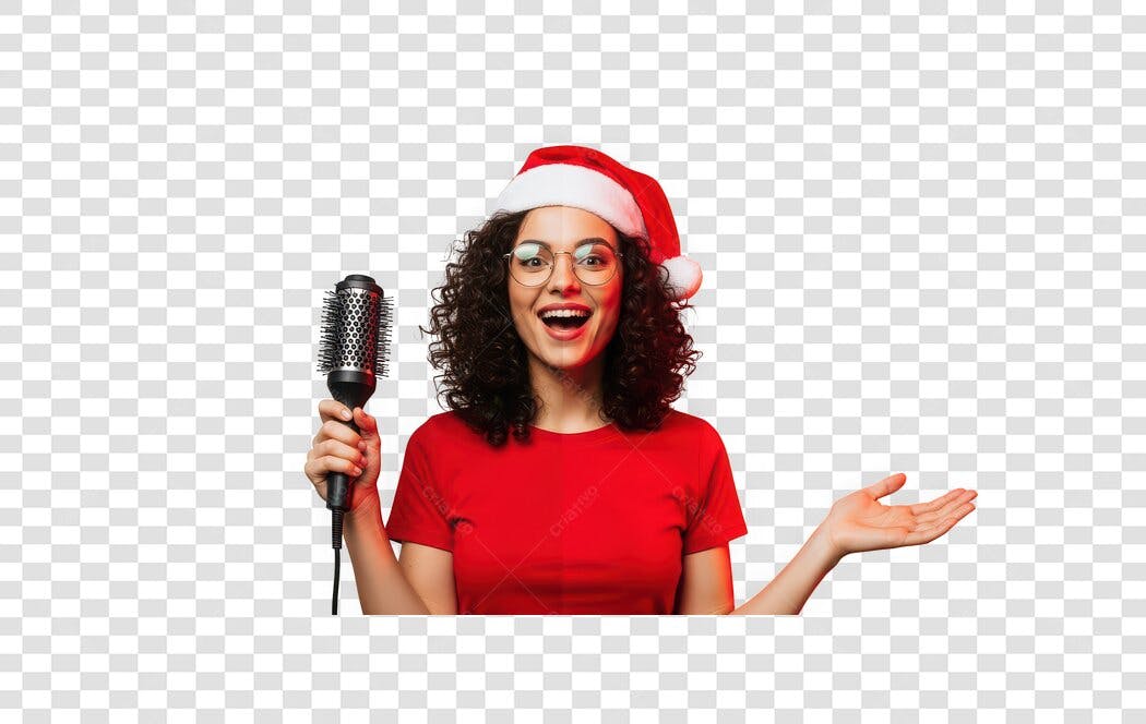 Foto Recortada Mulher Natal Microfone Cantando PNG Fundo Transparente
