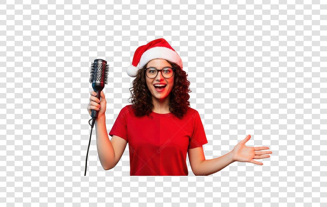 Foto Recortada Mulher Natal Microfone Cantando PNG Fundo Transparente