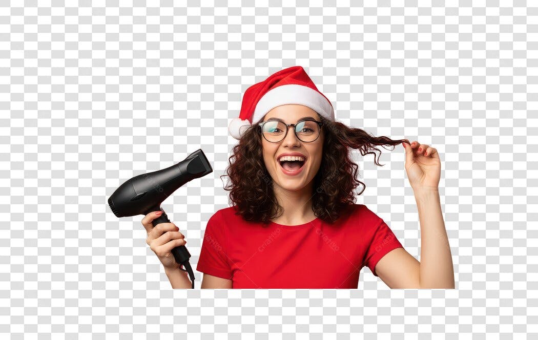 Foto Recortada Mulher Natal Secador Cabelo Dezembro PNG Fundo Transparente
