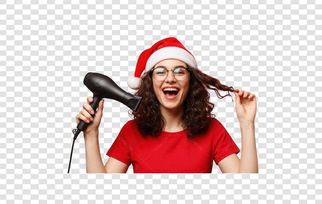 Foto Recortada Mulher Natal Secador Cabelo PNG Fundo Transparente