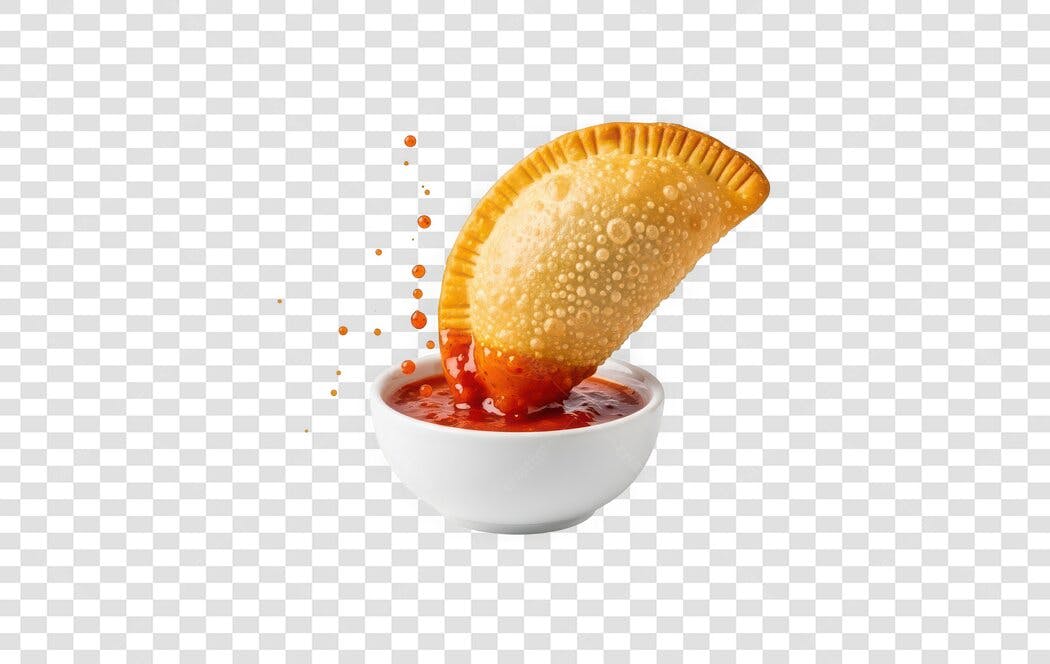 Foto Recortada Pastel Frito Mergulhando Molho Vermelho PNG Fundo Transparente