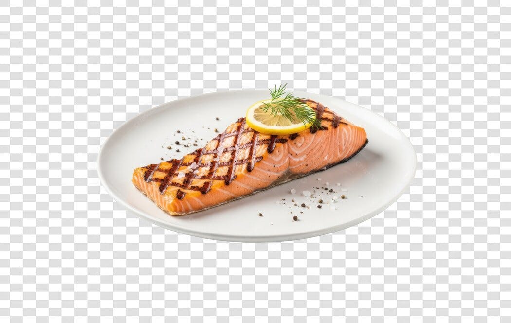 Foto Recortada Salmão Grelhado Limão PNG Fundo Transparente