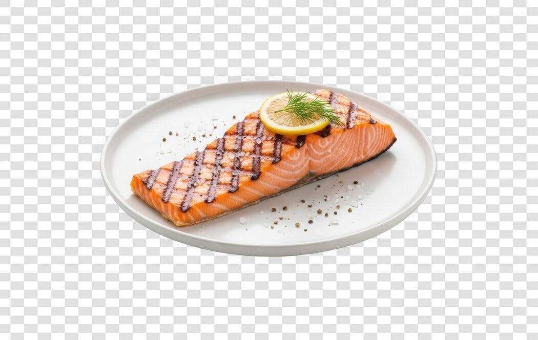 Foto Recortada Salmão Grelhado Limão PNG Fundo Transparente