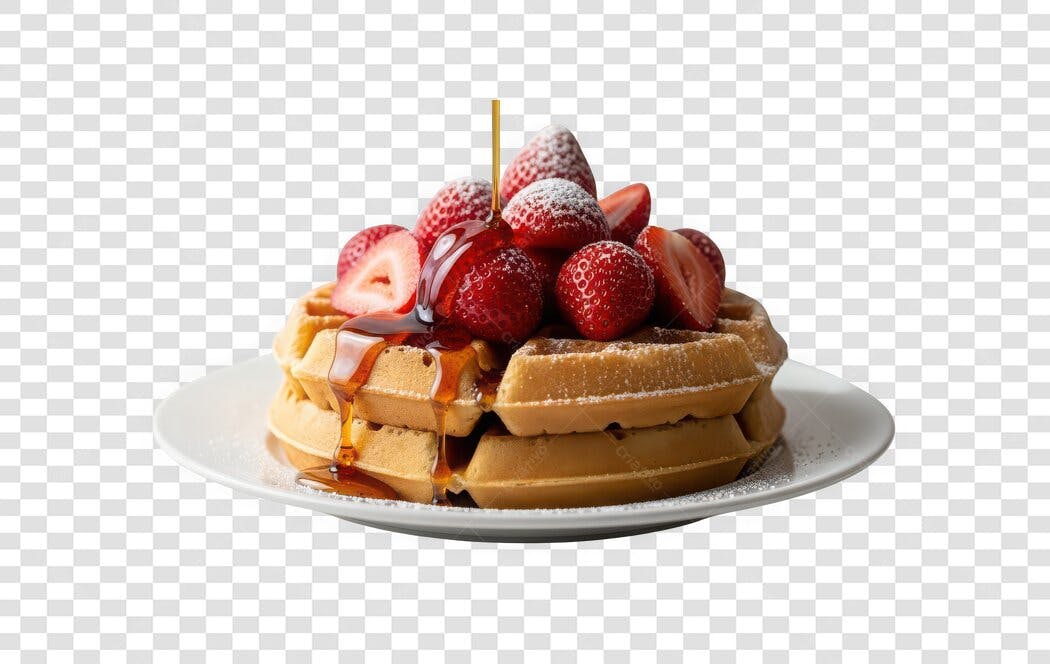 Foto Recortada Waffles Morango Calda Mel PNG Fundo Transparente