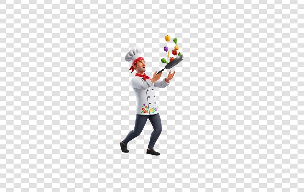 Personagem 3D Chef Cozinheiro Jogando Comida PNG Fundo Transparente