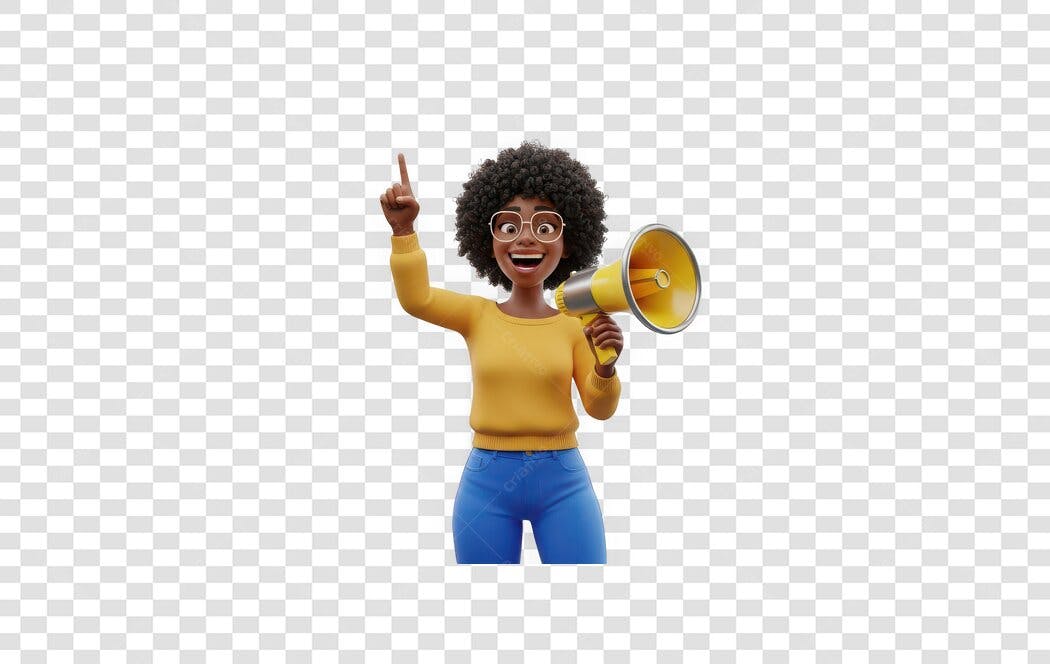 Personagem 3D Mulher Negra Megafone Anúncio PNG Fundo Transparente