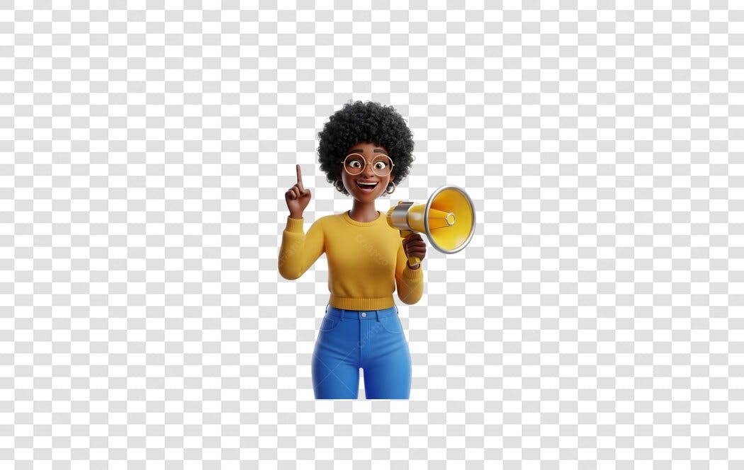 Personagem 3D Mulher Negra Megafone Apontando PNG Fundo Transparente