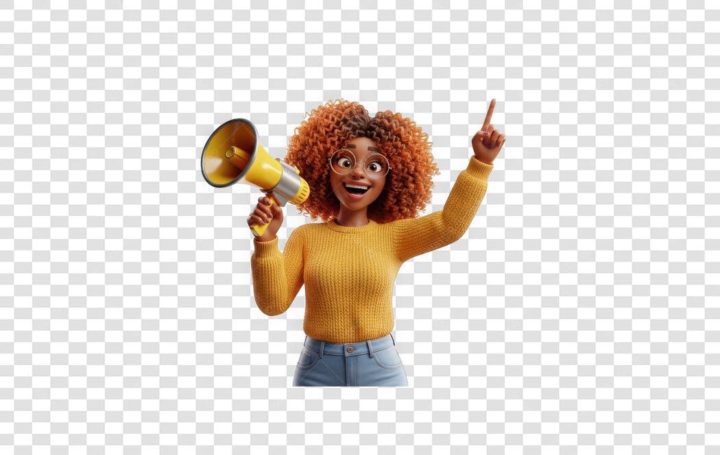 Personagem 3D Mulher Negra Megafone Apontando PNG Fundo Transparente