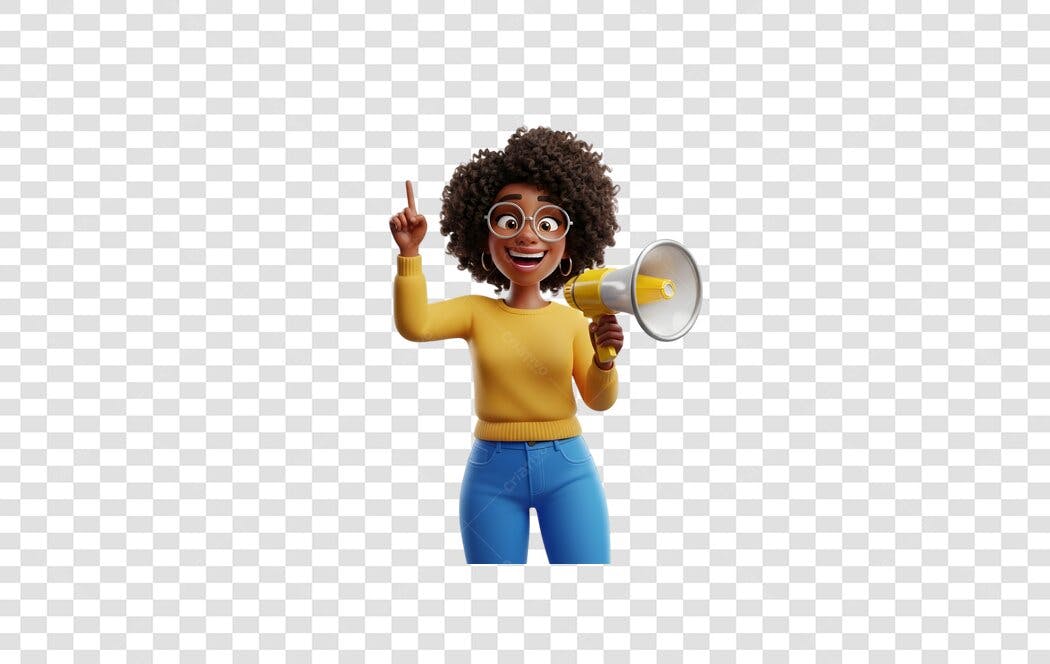 Personagem 3D Mulher Negra Megafone Apontando PNG Fundo Transparente