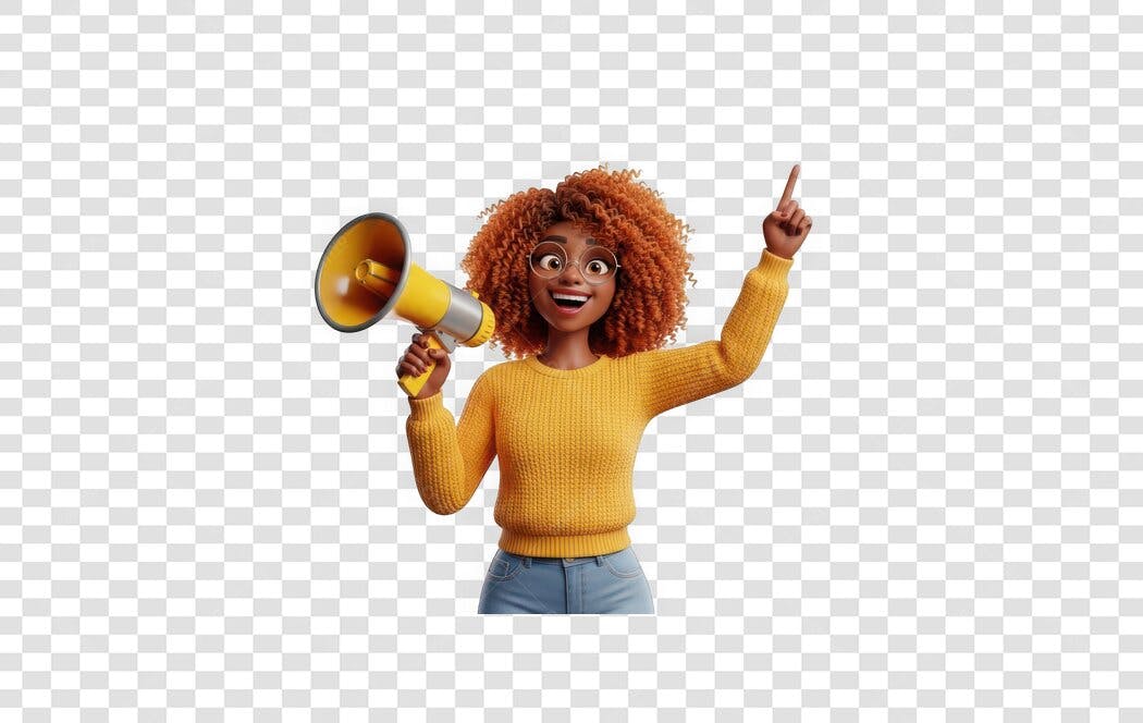 Personagem 3D Mulher Negra Megafone Marketing PNG Fundo Transparente