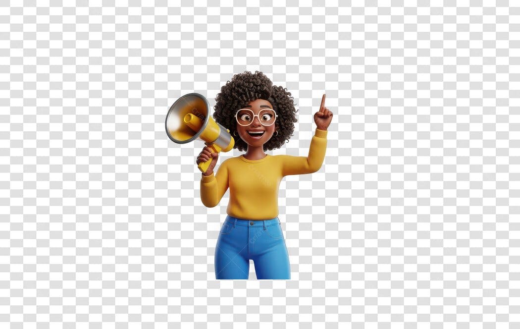Personagem 3D Mulher Negra Megafone Marketing PNG Fundo Transparente