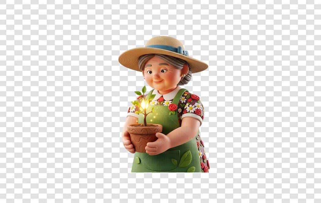 Personagem 3D Vovó Jardineira Planta PNG Fundo Transparente