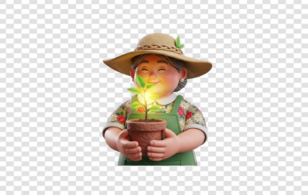 Personagem Ilustrado Vovó Jardineira Planta Brilhante PNG Fundo Transparente