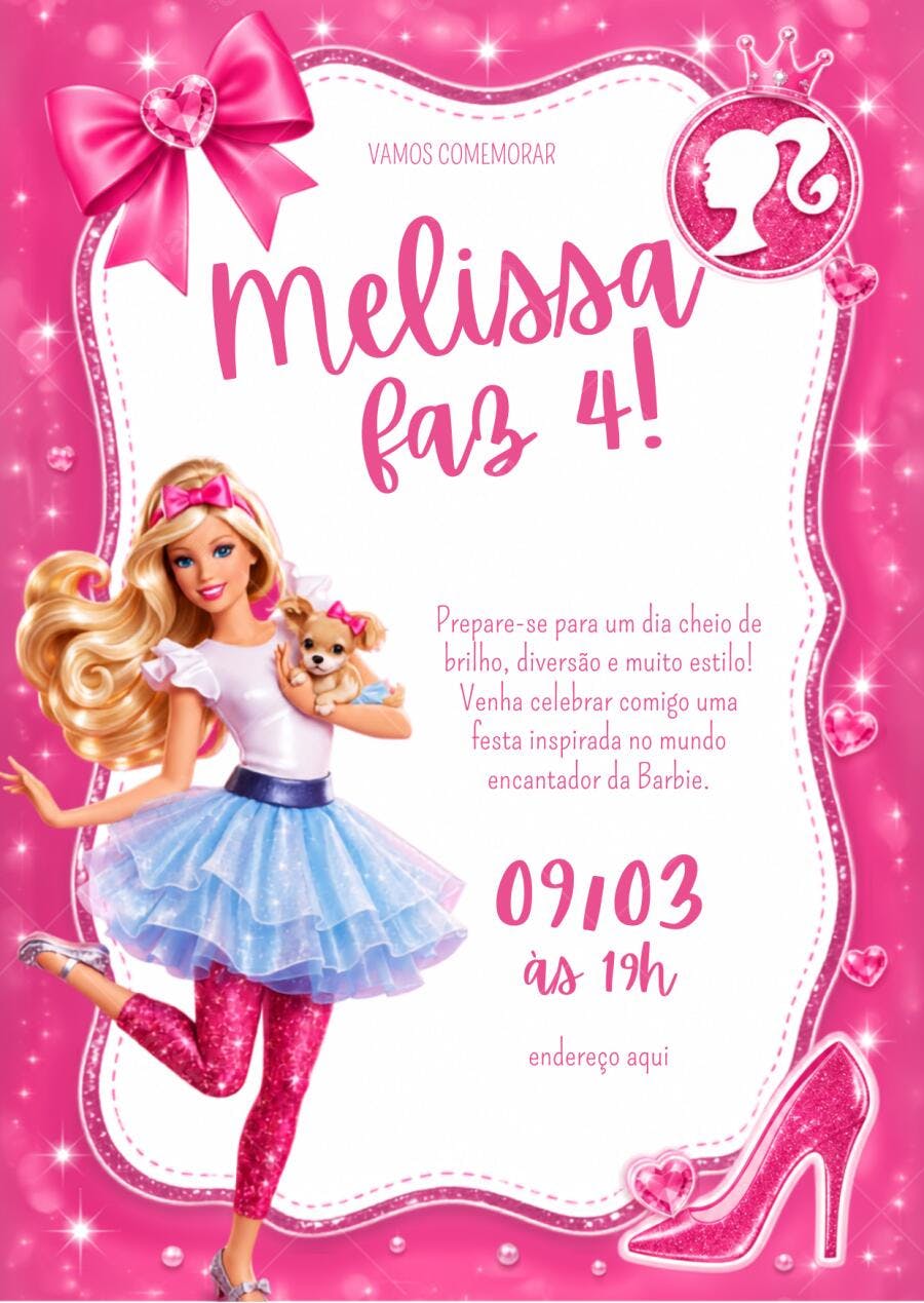 Convite Aniversário Barbie 4 Anos Rosa Brilhante Editável