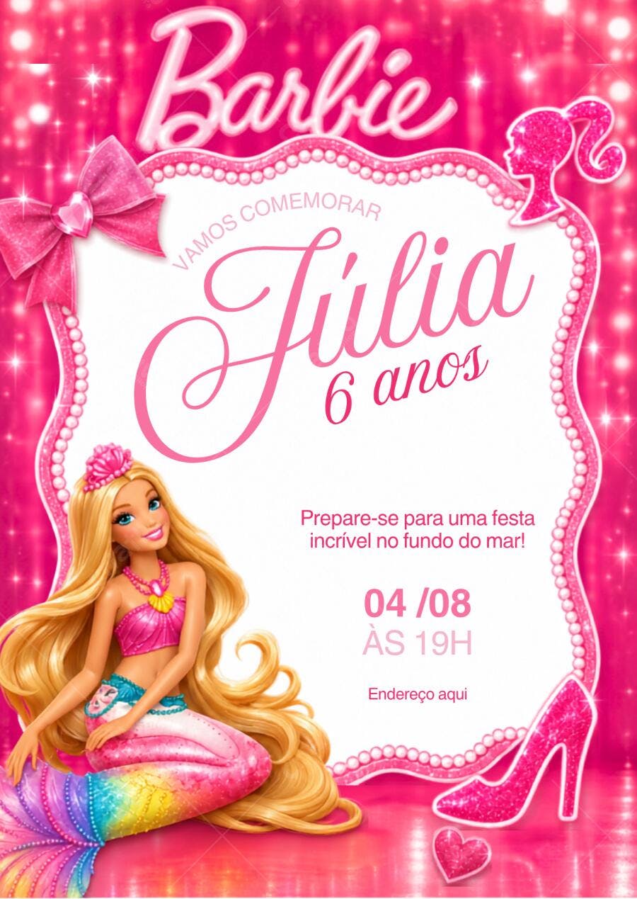 Convite Aniversário Barbie Sereia 6 Anos Editável