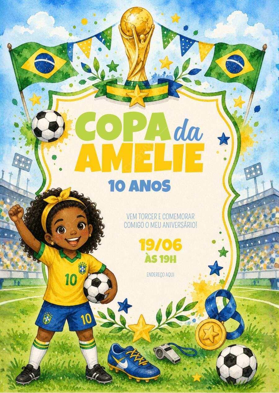 Convite Aniversário Futebol Brasil 10 Anos Editável