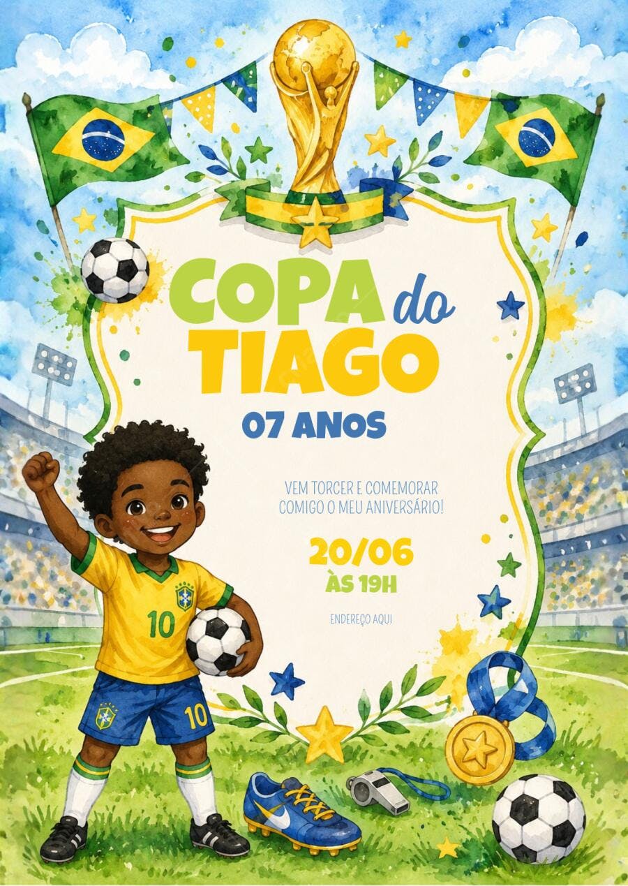 Convite Aniversário Futebol Brasil 7 Anos Editável