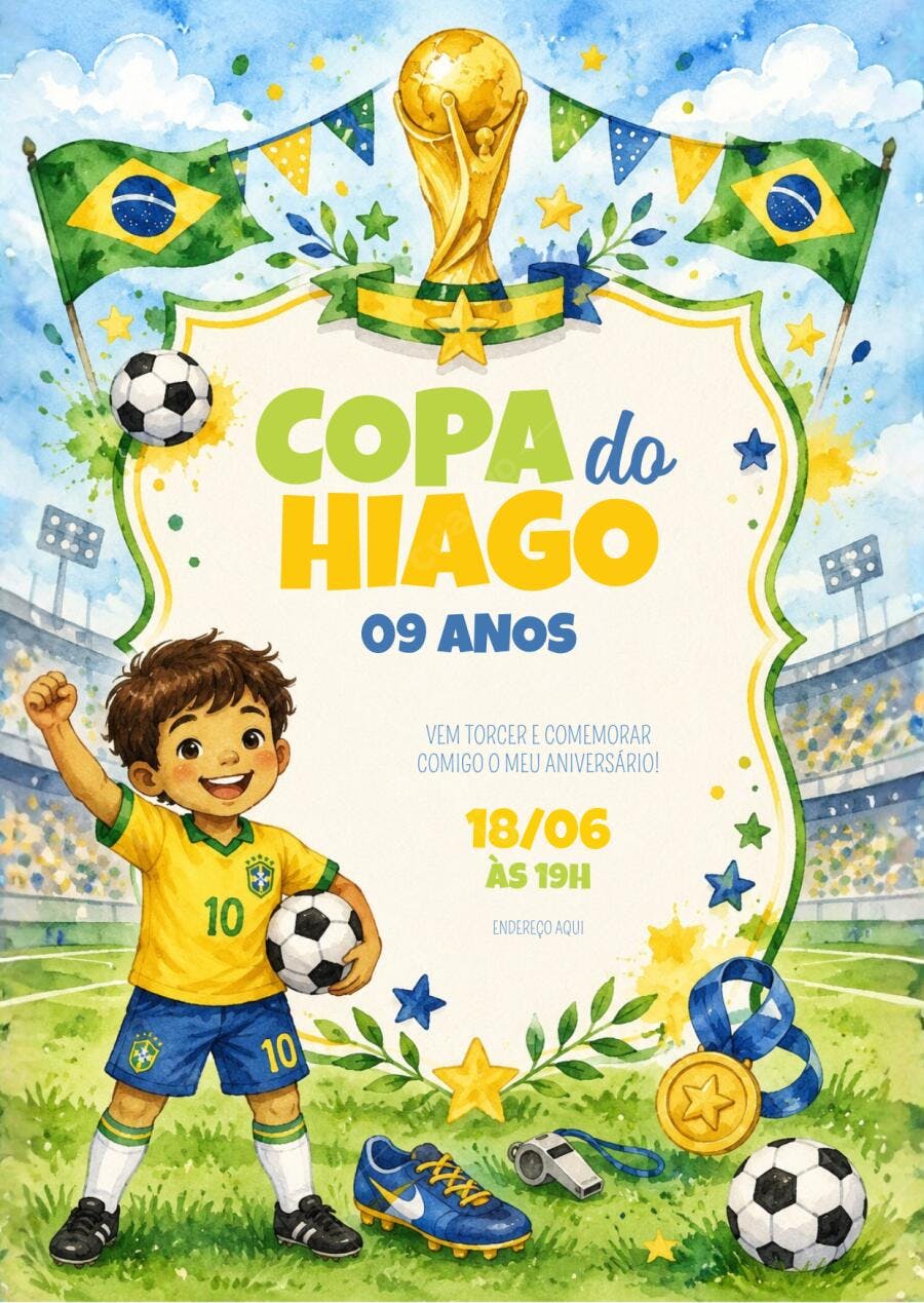 Convite Aniversário Futebol Brasil 9 Anos Editável