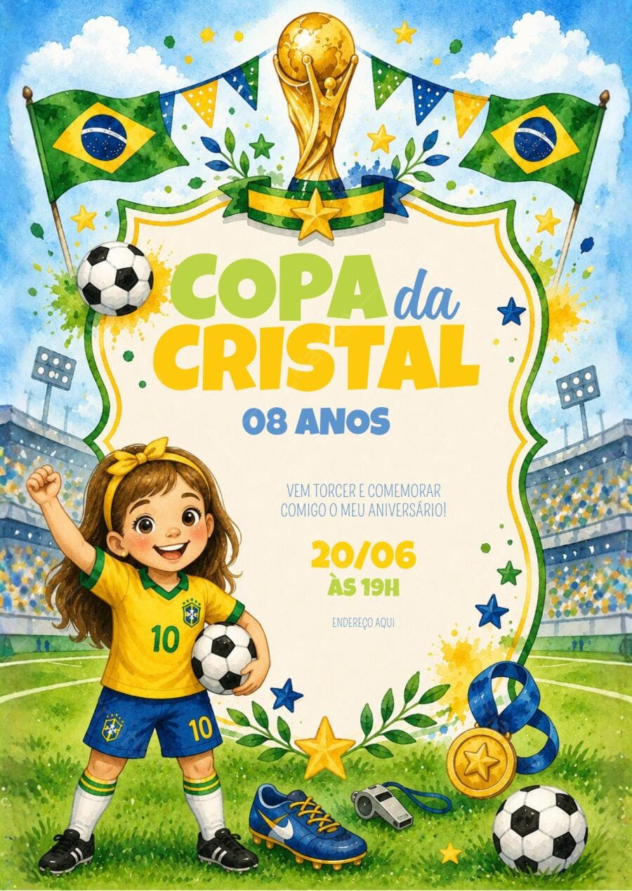 Convite Aniversário Futebol Menina 8 Anos Copa do Mundo Editável