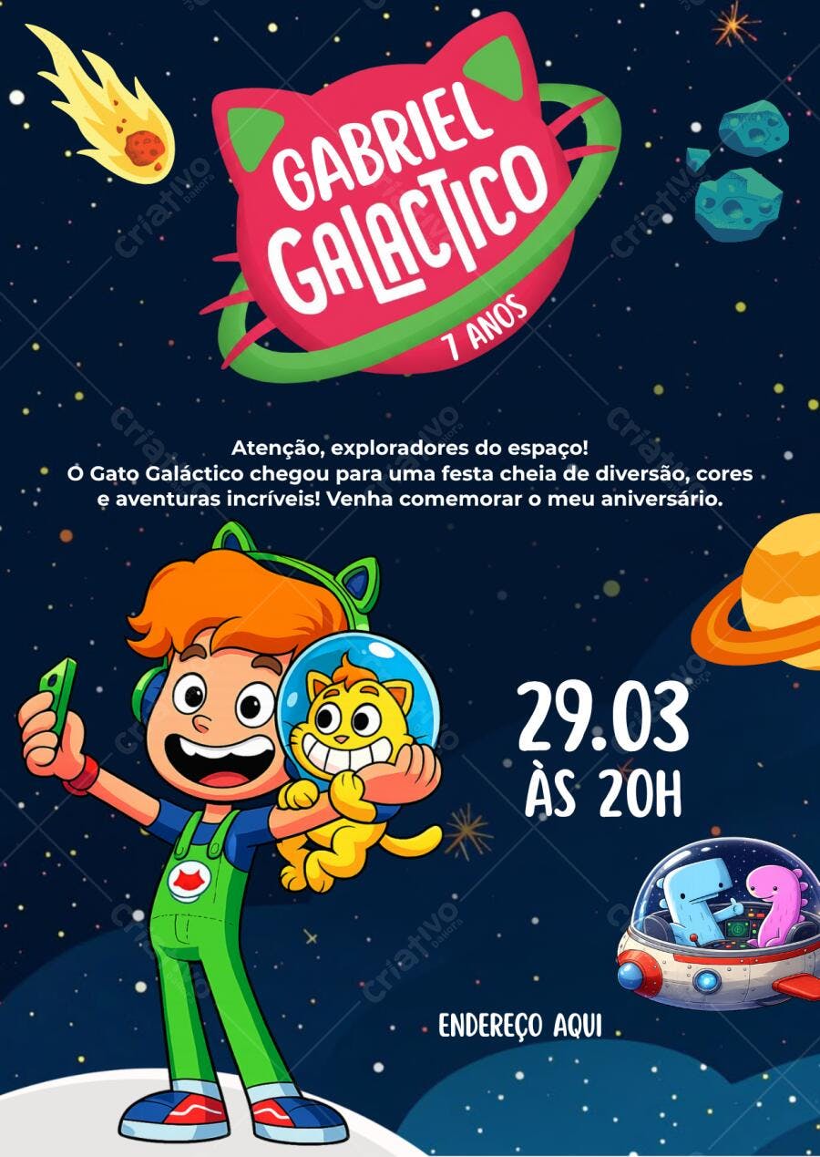 Convite Aniversário Gato Galáctico 7 Anos Editável
