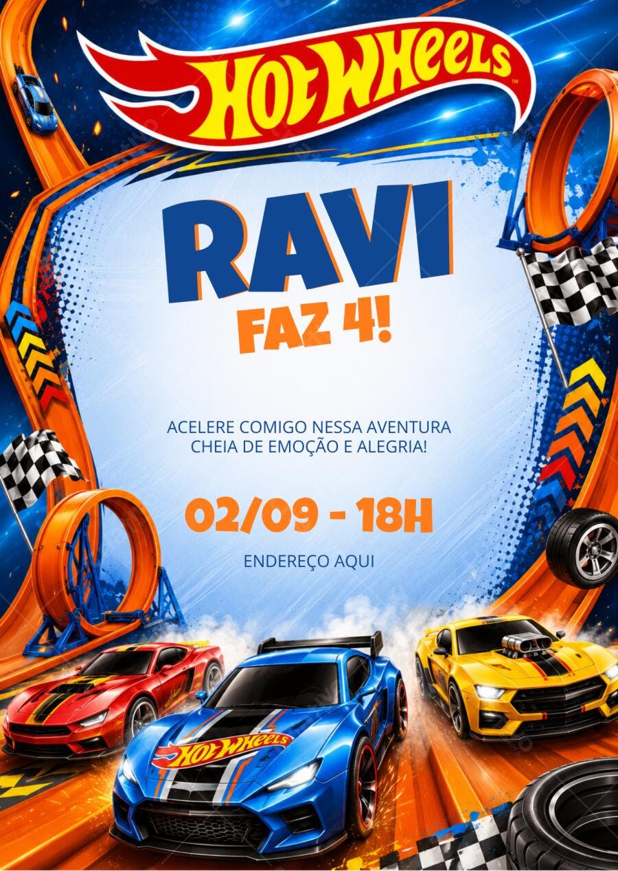Convite Aniversário Hot Wheels 4 Anos Editável