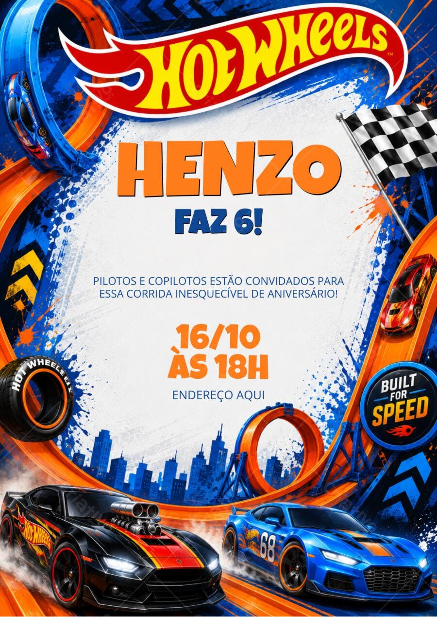 Convite Aniversário Hot Wheels 6 Anos Editável