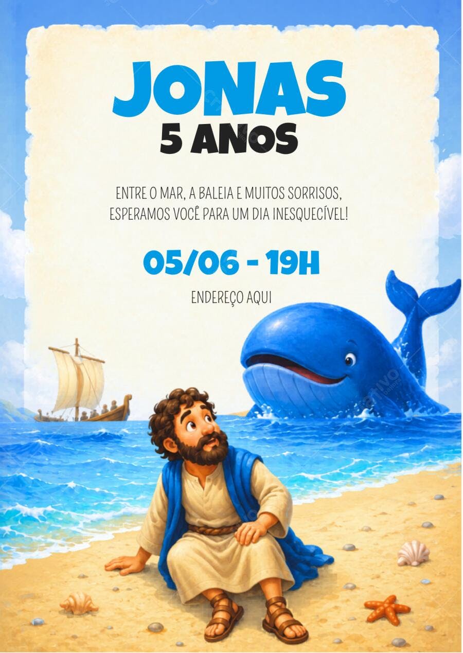 Convite Aniversário Jonas e a Baleia 5 Anos Editável