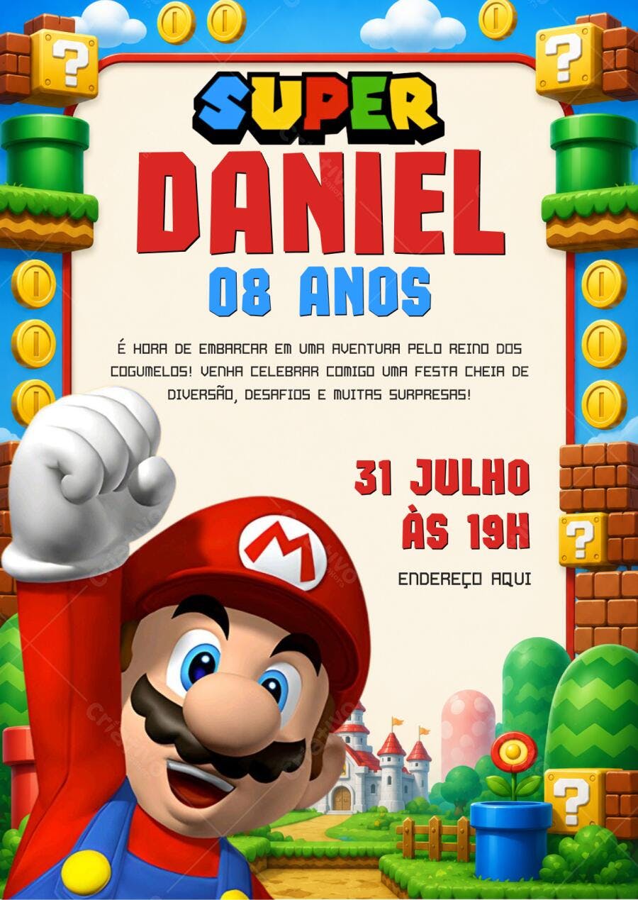 Convite Aniversário Mario Bros 8 Anos Editável