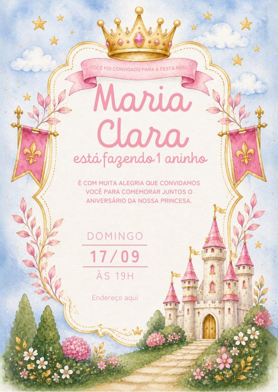 Convite Aniversário Princesa Castelo Rosa 1 Aninho Editável