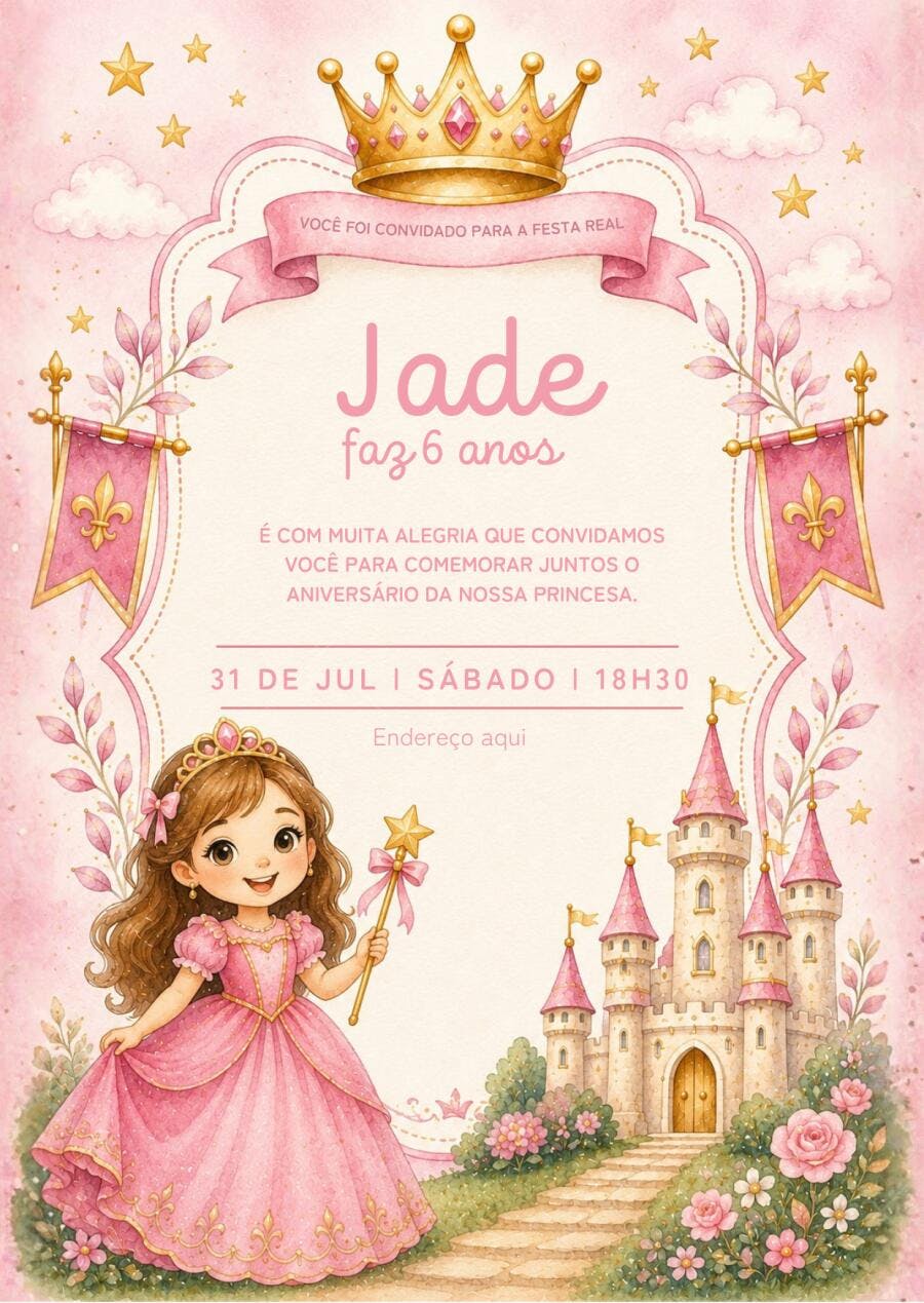 Convite Aniversário Princesa Castelo Rosa 6 Anos Editável