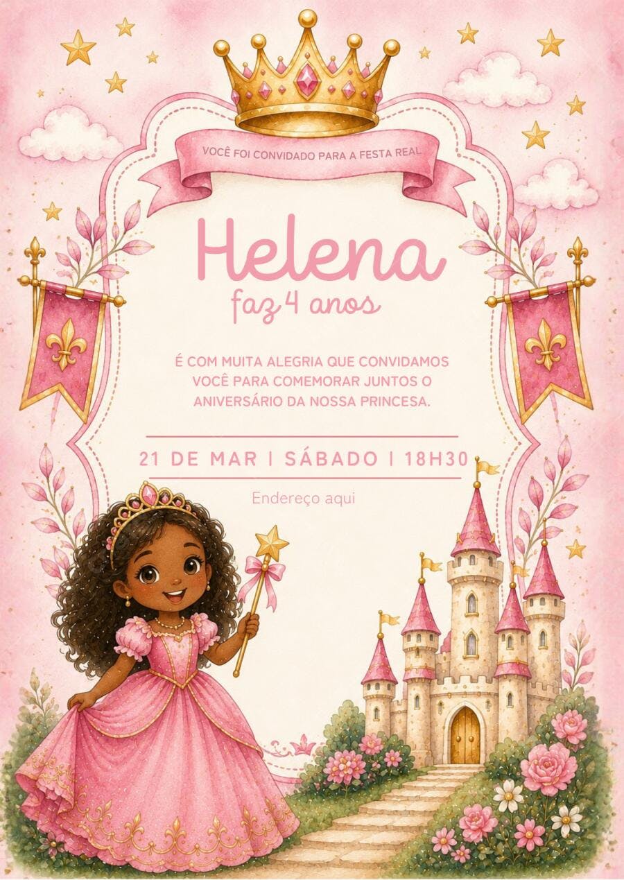Convite Aniversário Princesa Negra 4 Anos Castelo Rosa Editável
